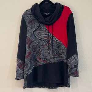 Michael Tyler XL Cowl Neck Hoodie - Fun Artsy Black & Red Abstract Patchwork Top